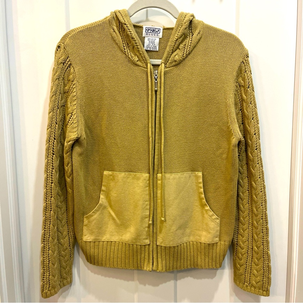 Vintage PBJ Blues Women Size Small Tan Cable Knit Sweater Jacket Zip Coat Hooded